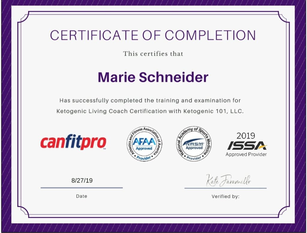 Marie Schneider certificate of completion for Ketigenic Living Coach Certification